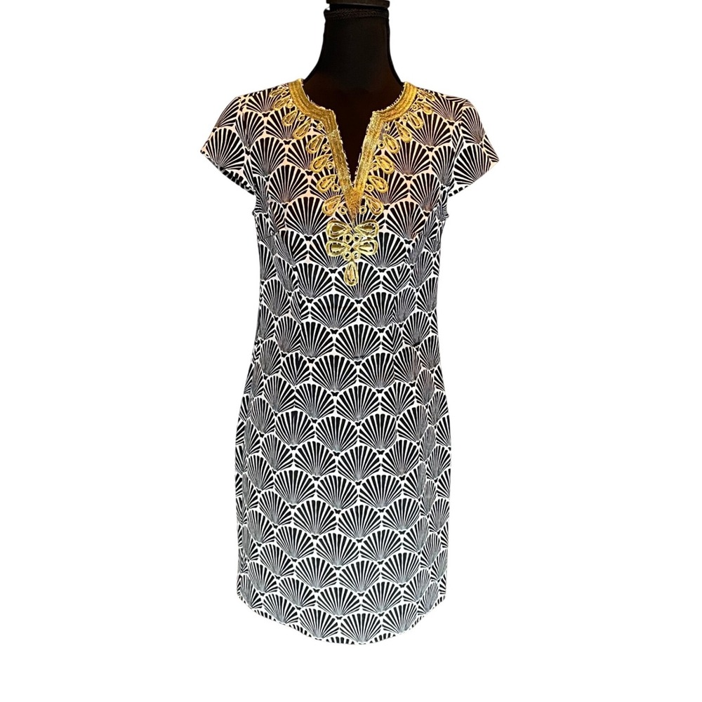 Mud Pie Womens XS Black White Fan Print Gold Embroidered Cotton Shift Dress